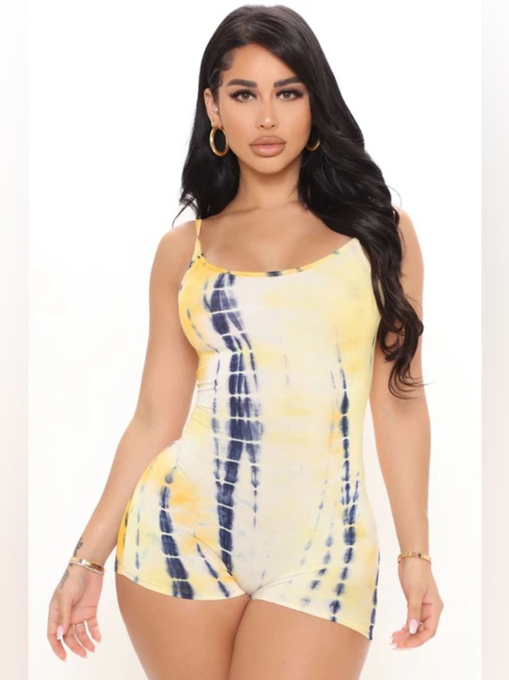Fashion Nova - Yellow & Navy Blue Tie-Dye Sleeveless Romper, Small